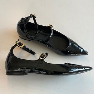 ZARA Pointed Toe Double Strap Mary Jane Black Patent Leather Flats EU 39